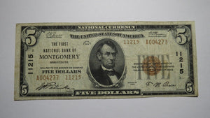 $5 1929 Montgomery Minnesota MN National Currency Bank Note Bill Ch. #11215 VF!