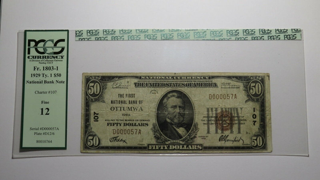 $50 1929 Ottumwa Iowa IA National Currency Bank Note Bill #107 F12 PCGS Graded