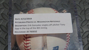 2019 Erik Gonzalez Pittsburgh Pirates Game Used Single Baseball 1B Hit Tony Sipp