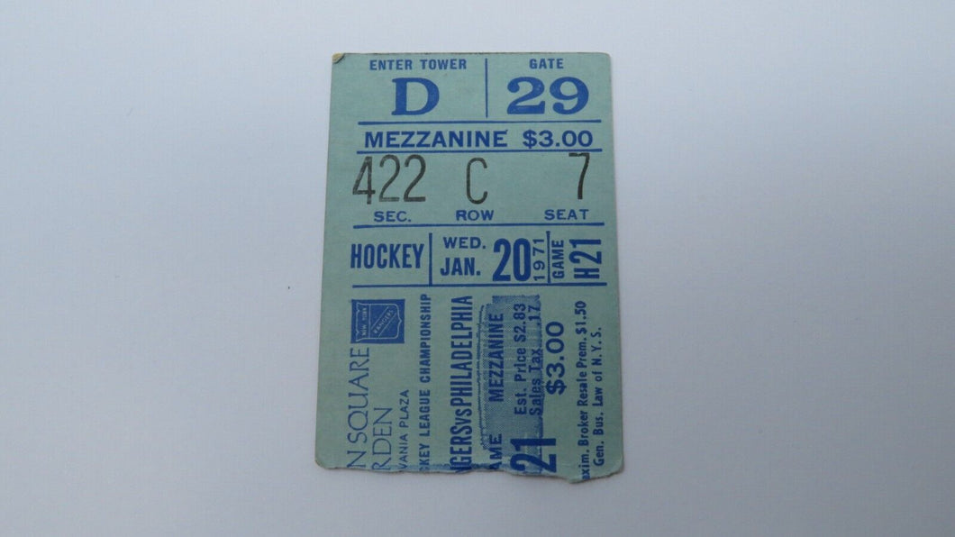 January 20, 1971 New York Rangers Vs. Philadelphia Flyers NHL Hockey Ticket Stub