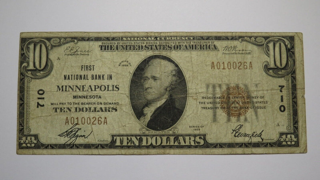 $10 1929 Minneapolis Minnesota MN National Currency Bank Note Bill Ch. #710 FINE