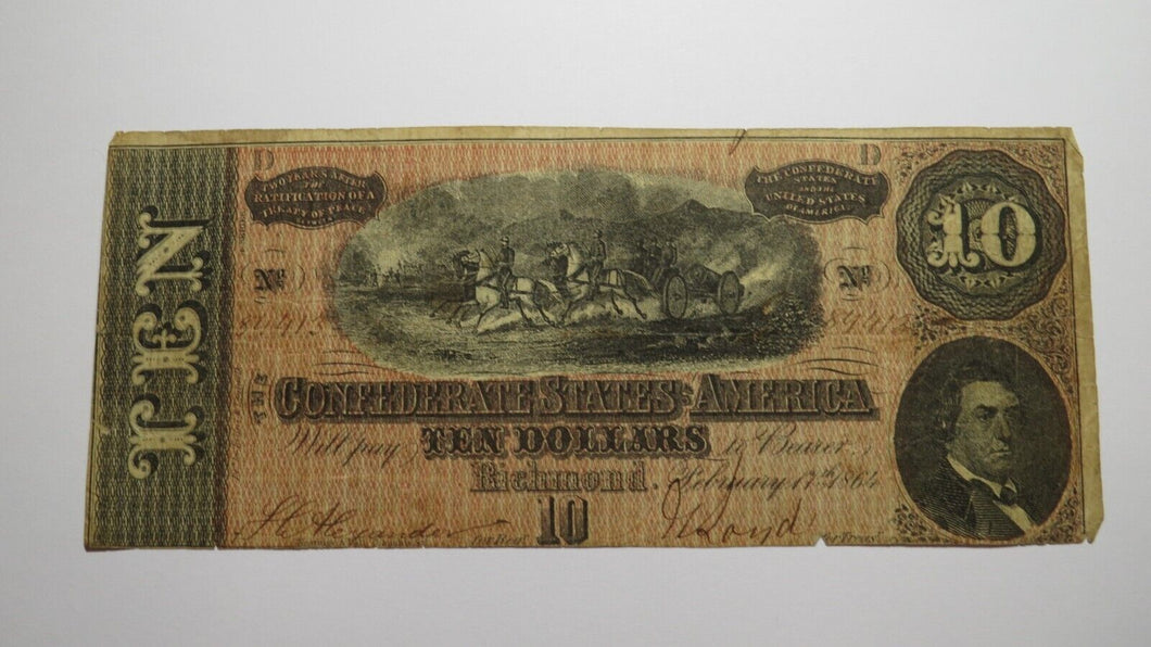 $10 1864 Richmond Virginia VA Confederate Currency Bank Note Bill T68 FINE++