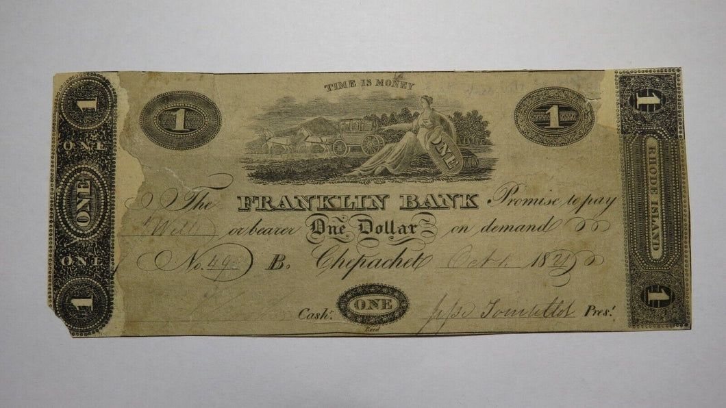 $1 1821 Chepachet Rhode Island RI Obsolete Currency Bank Note Bill Franklin Bank