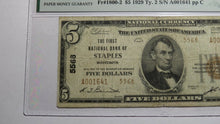 Load image into Gallery viewer, $5 1929 Staples Minnesota MN National Currency Bank Note Bill Ch #5568 VF20 PMG
