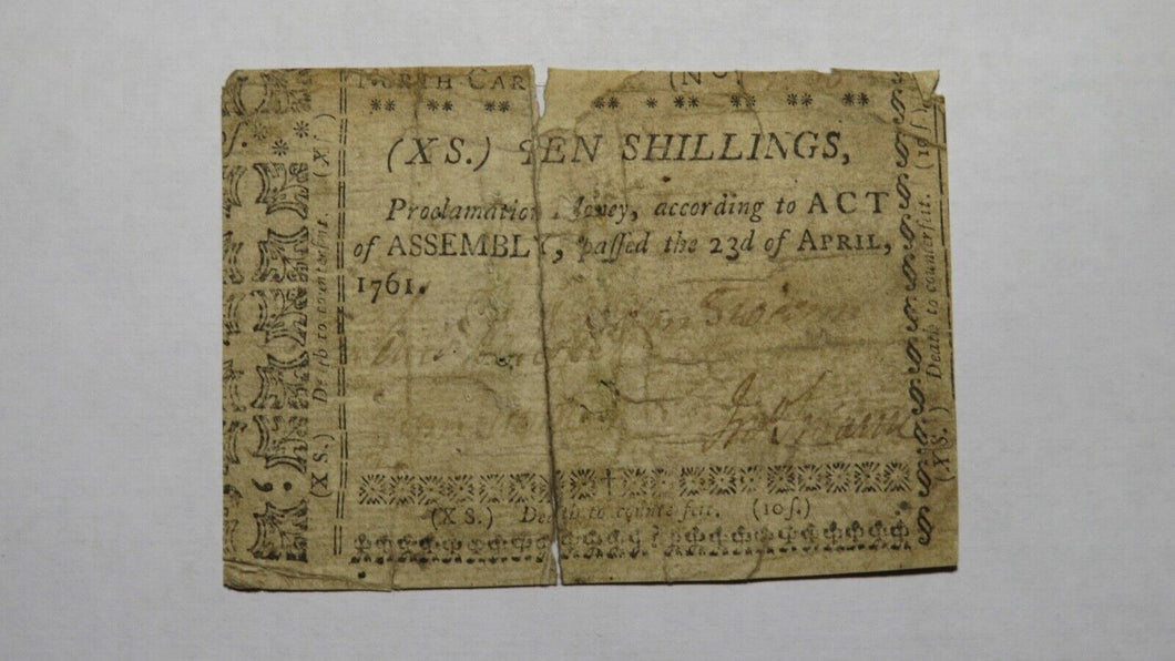 1761 Ten Shillings North Carolina NC Colonial Currency Note Bill! 10s! RARE NOTE