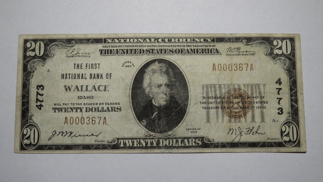 $20 1929 Wallace Idaho ID National Currency Bank Note Bill Charter #4773 RARE