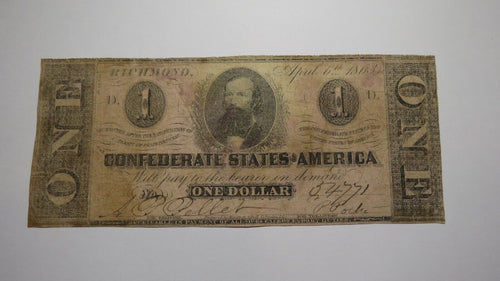$1 1863 Richmond Virginia VA Confederate Currency Bank Note Bill RARE! T62 RARE