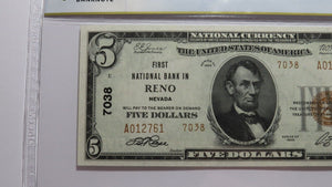 $5 1929 Reno Nevada NV National Currency Bank Note Bill Ch. #7038 PCGS UNC65PPQ