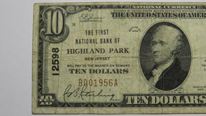 $10 1929 Highland Park New Jersey NJ National Currency Bank Note Bill #12598