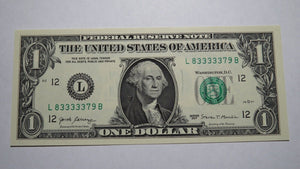 $1 2017 Fancy Serial Number Federal Reserve Bank Note Bill Crisp Uncirculated 37