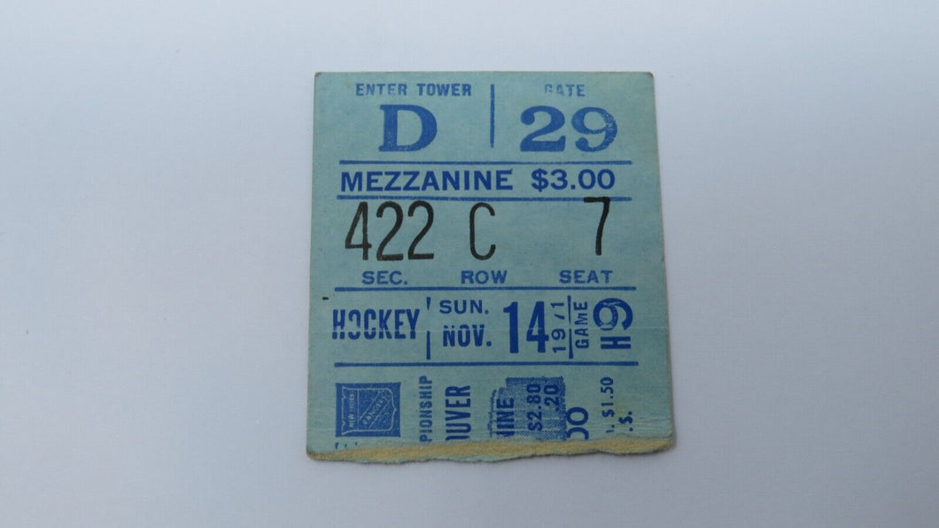 November 14, 1971 New York Rangers Vs. Vancouver Canucks NHL Hockey Ticket Stub