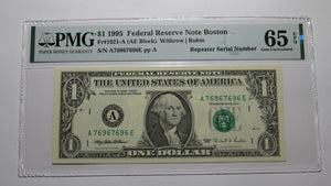 $1 1995 Repeater Serial Number Federal Reserve Currency Bank Note Bill UNC65EPQ