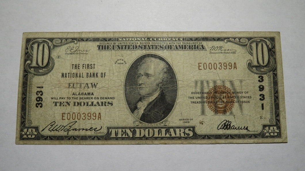 $10 1929 Eutaw Alabama AL National Currency Bank Note Bill Charter #3931 FINE!