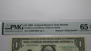 $1 1995 Repeater Serial Number Federal Reserve Currency Bank Note Bill UNC65EPQ