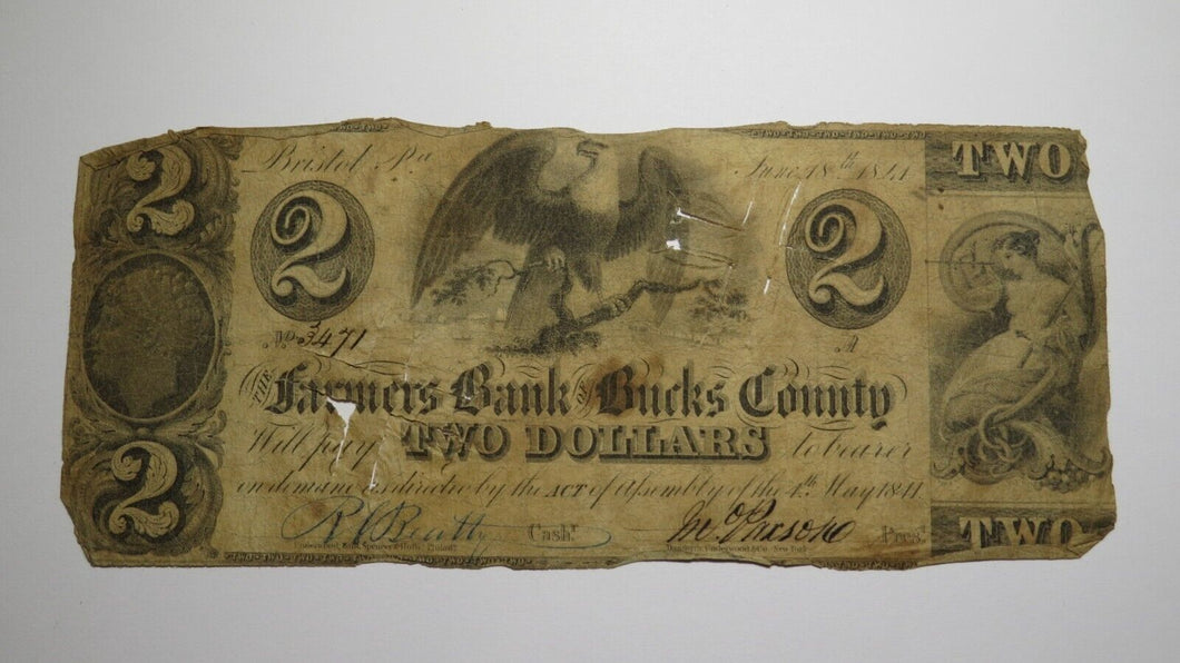 $2 1841 Bristol Pennsylvania PA Obsolete Currency Bank Note Bill Bucks County