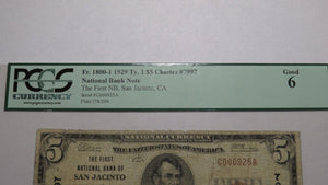 $5 1929 San Jacinto California CA National Currency Bank Note Bill! #7997 PCGS