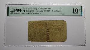 1757 Thirty Shillings New Jersey NJ Colonial Currency Bank Note Bill PMG 30s!