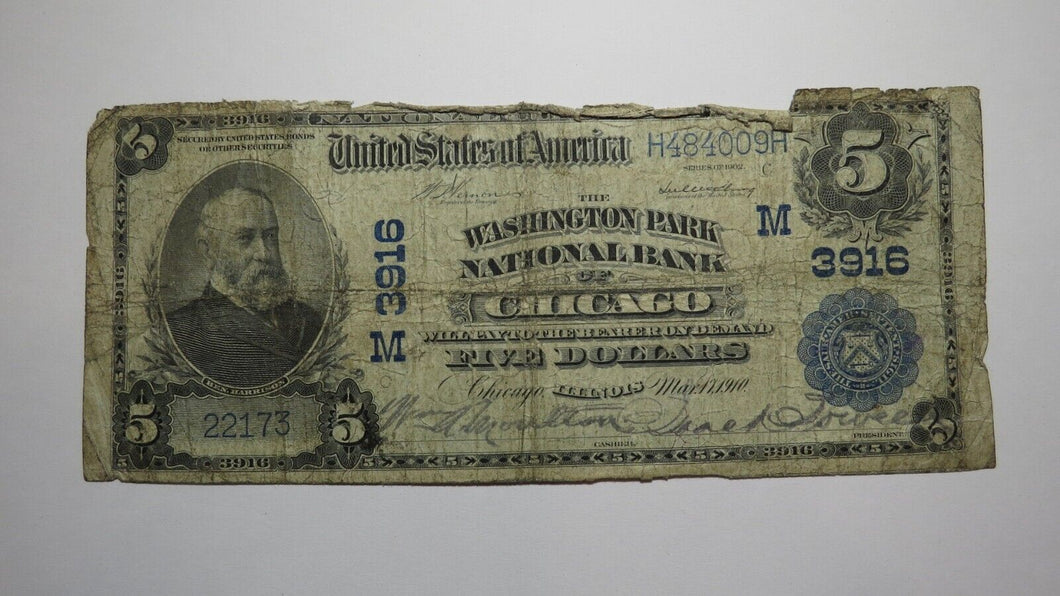 $5 1902 Chicago Illinois IL National Currency Bank Note Bill! Charter #3916 RARE