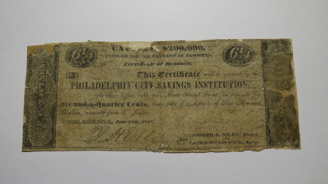 $.06 1837 Philadelphia Pennsylvania PA Obsolete Currency Bank Note Fractional!