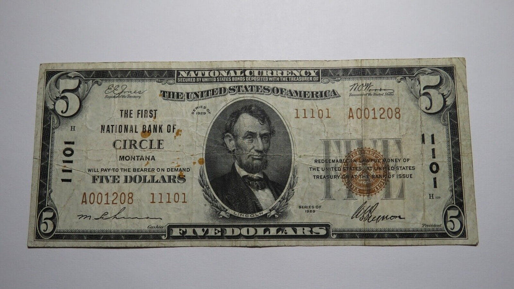 $5 1929 Circle Montana MT National Currency Bank Note Bill Charter #11101 RARE!