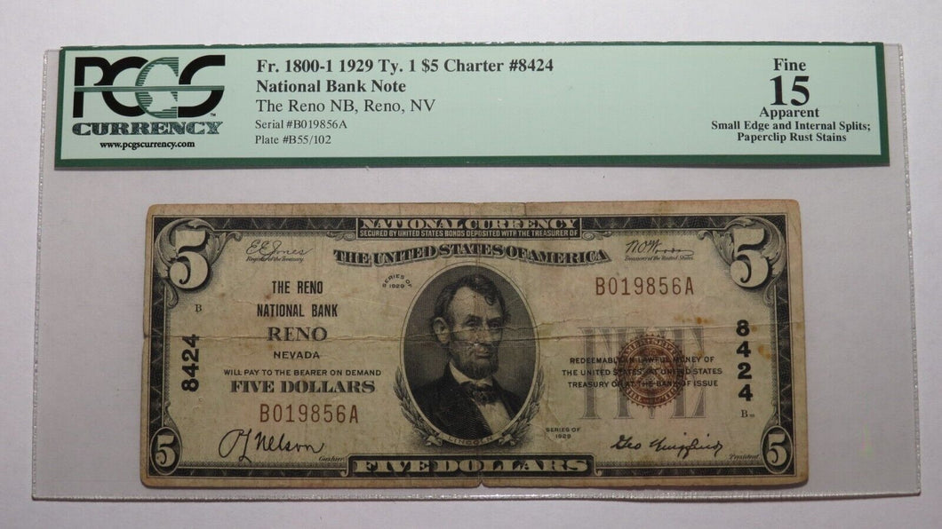 $5 1929 Reno Nevada NV National Currency Bank Note Bill Charter #8424 F15 PCGS
