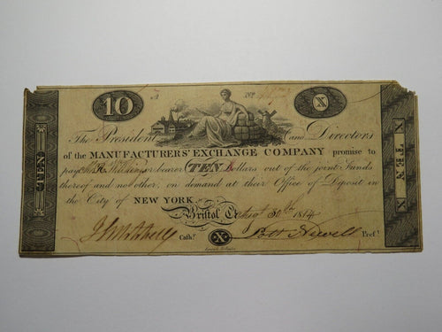 $10 1814 Bristol Connecticut Obsolete Currency Bank Note Bill Manufacturers