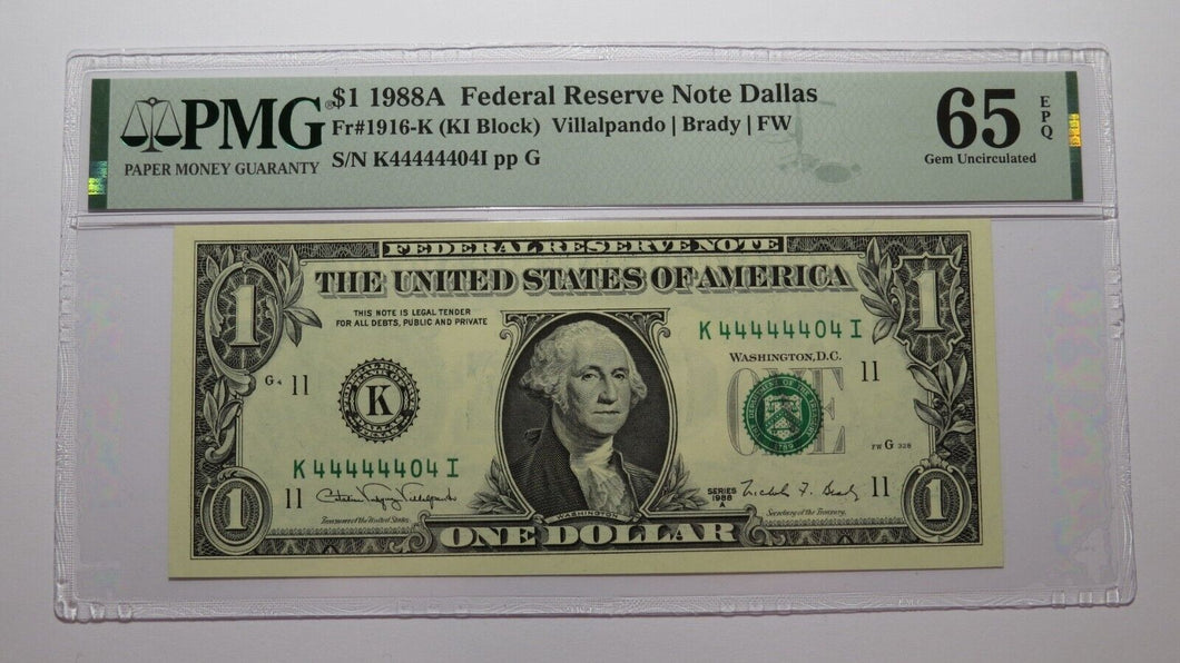 $1 1988 Near Solid Serial Number Federal Reserve Bank Note Bill UNC65 44444404