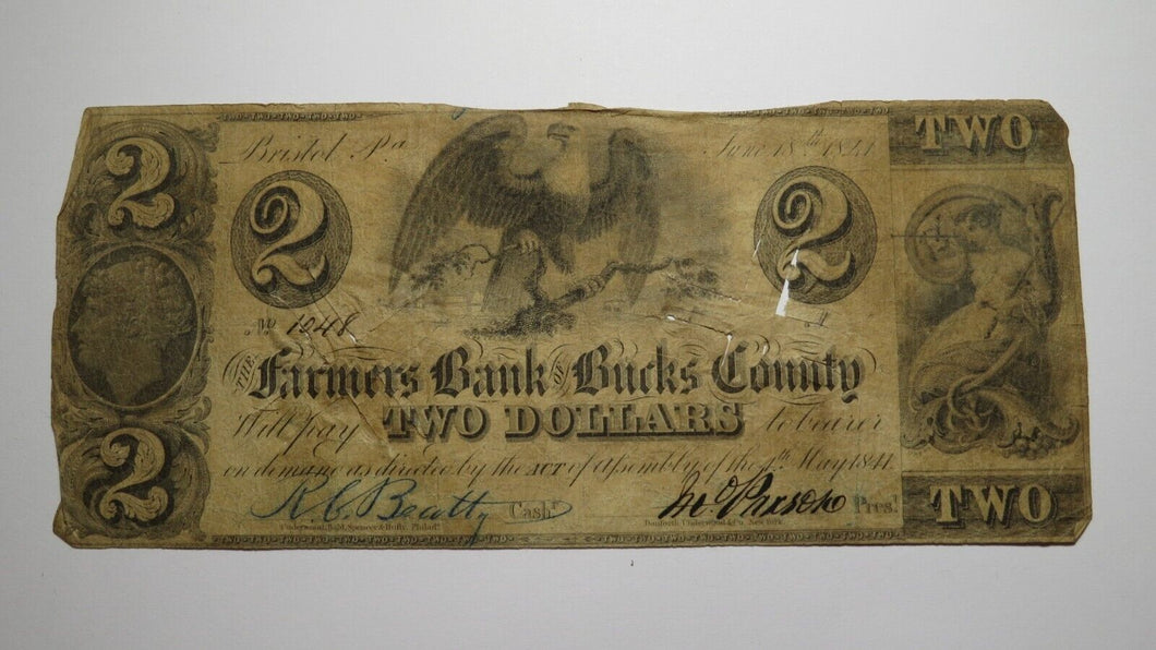 $2 1841 Bristol Pennsylvania PA Obsolete Currency Bank Note Bill Bucks County