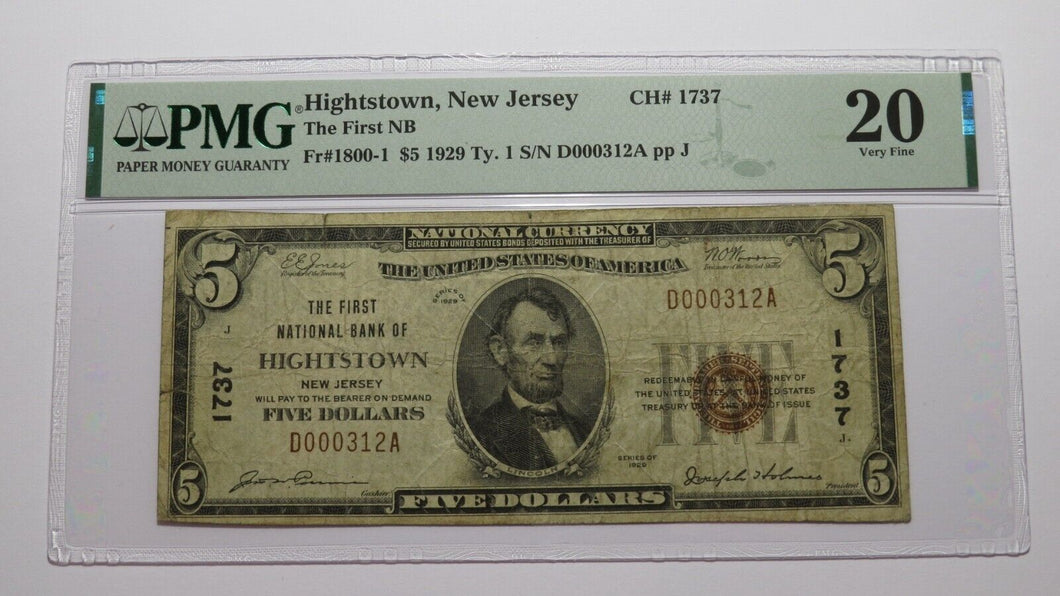 $5 1929 Hightstown New Jersey NJ National Currency Bank Note Bill Ch. #1737 VF20