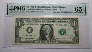 $1 1995 Repeater Serial Number Federal Reserve Currency Bank Note Bill PMG UNC65