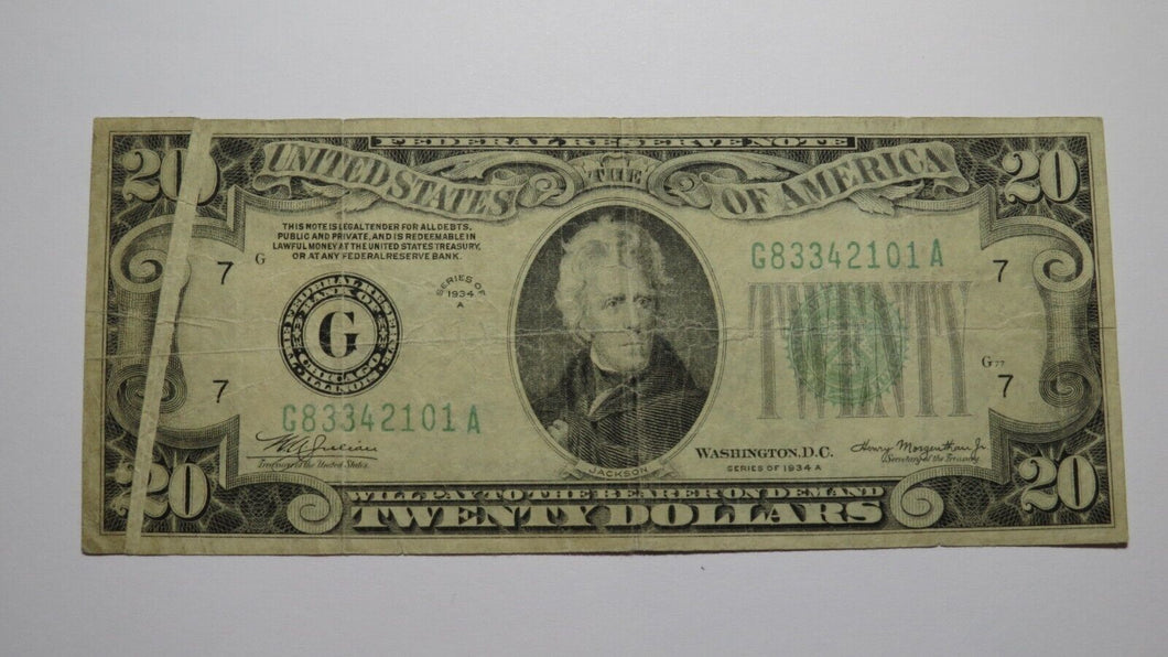 $20 1934-A Gutter Fold Error Federal Reserve Bank Note Currency Bill FINE RARE!