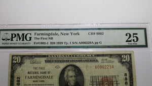 $20 1929 Farmingdale New York NY National Currency Bank Note Bill #8882 VF25 PMG