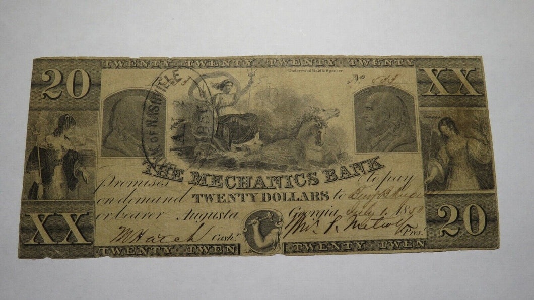 $20 1850 Augusta Georgia GA Obsolete Currency Bank Note Bill! The Mechanics Bank