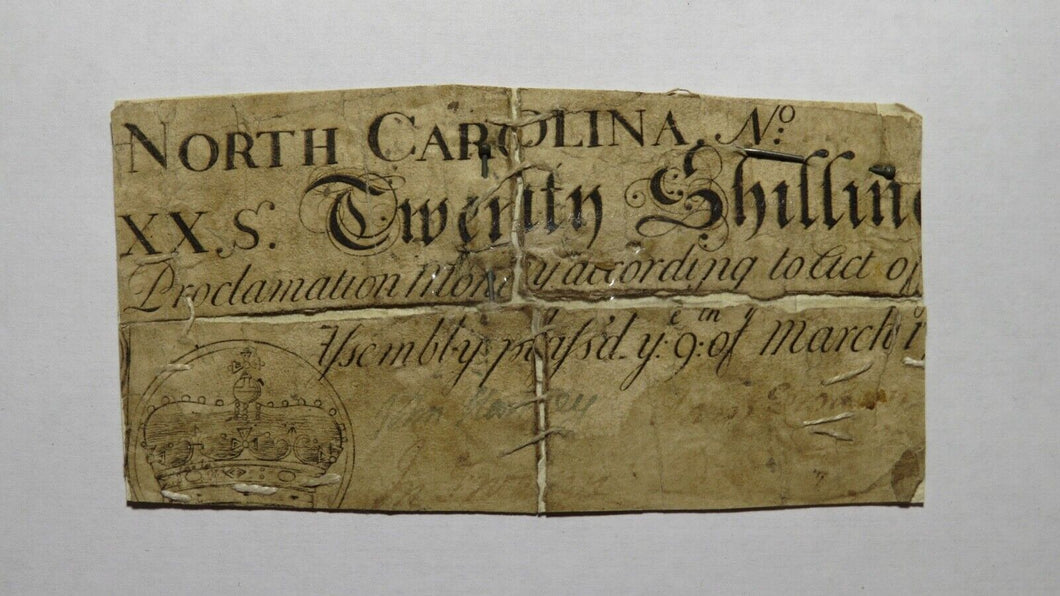 1754 Twenty Shillings North Carolina NC Colonial Currency Note Bill! 20s! RARE!