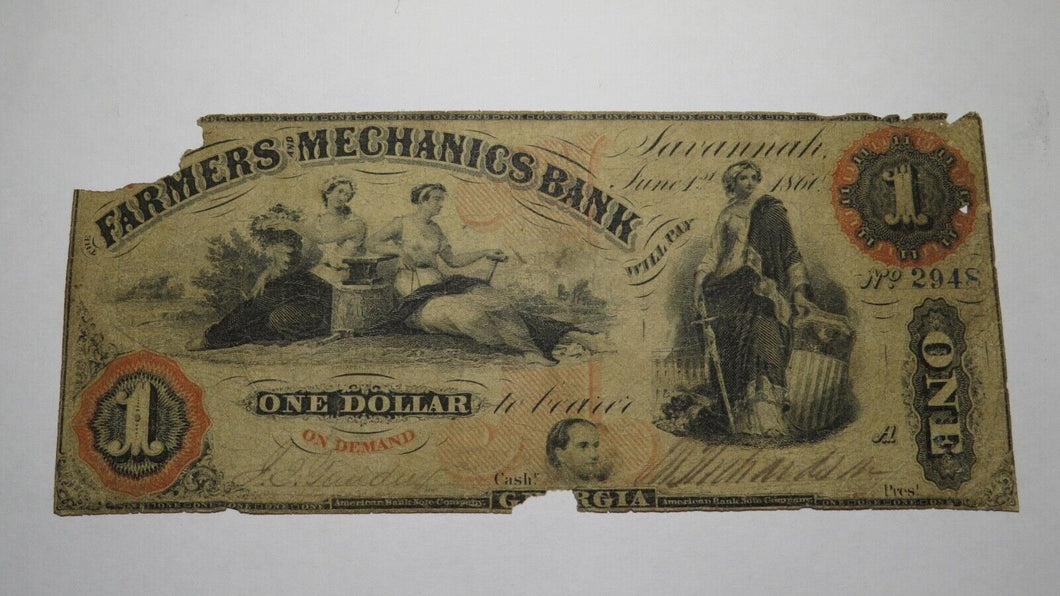 $1 1860 Savannah Georgia GA Obsolete Currency Bank Note Bill! Farmers Mechanics