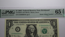 Load image into Gallery viewer, $1 2003 Radar Serial Number Federal Reserve Currency Bank Note Bill PMG UNC65EPQ