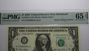 $1 2003 Radar Serial Number Federal Reserve Currency Bank Note Bill PMG UNC65EPQ