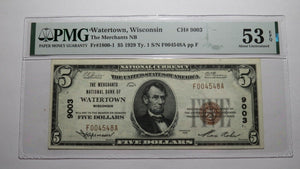 $5 1929 Watertown Wisconsin WI National Currency Bank Note Bill Ch 9003 AU53 PMG