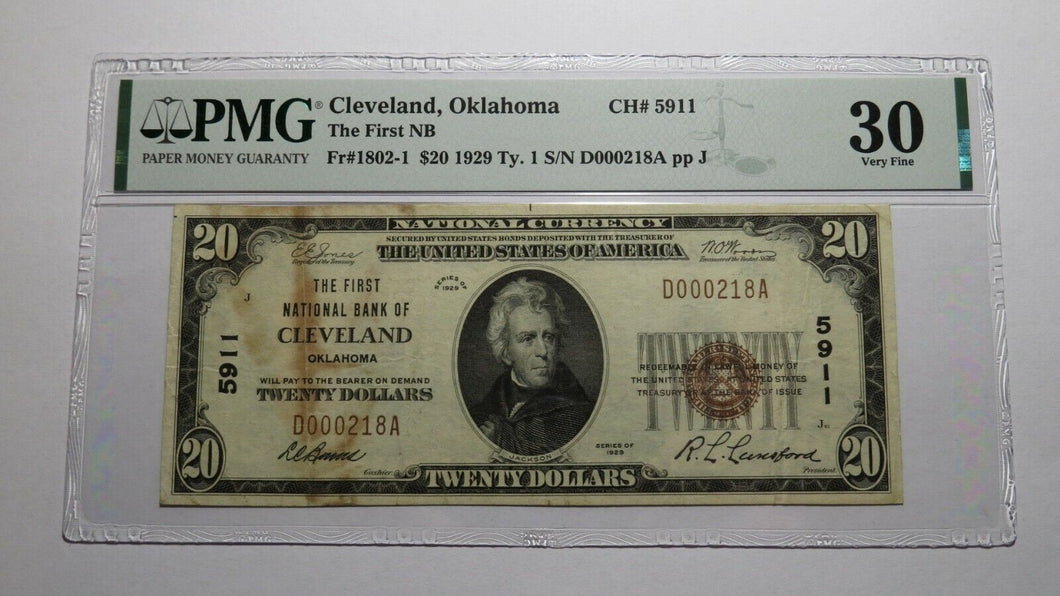 $20 1929 Cleveland Oklahoma OK National Currency Bank Note Bill Ch 5911 VF30 PMG