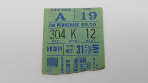 October 31, 1971 New York Rangers Vs. Toronto Maple Leafs NHL Hockey Ticket Stub