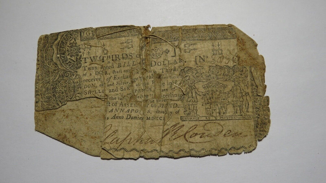 1770 $2/3 Annapolis Maryland MD Colonial Currency Note Bill Revolutionary War!