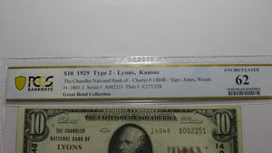 $10 1929 Lyons Kansas KS National Currency Bank Note Bill Ch. #14048 UNC62 PCGS