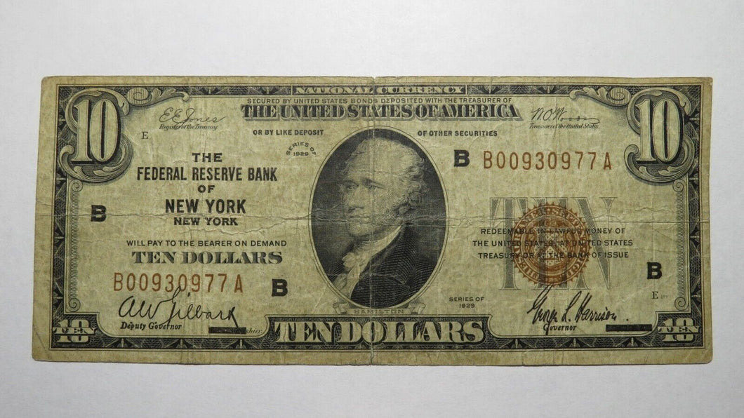 $10 1929 New York City New York National Currency Note Federal Reserve Bank Note